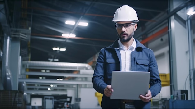 While holding a laptop the Chief Engineer in a Hard Hat strolls through a light modern factory Generative AI that works