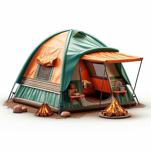 Whimsical 3D Cartoon Camping Tent on White Background