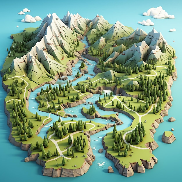 Whimsical 3D Cartoon Hiking Map on White Background