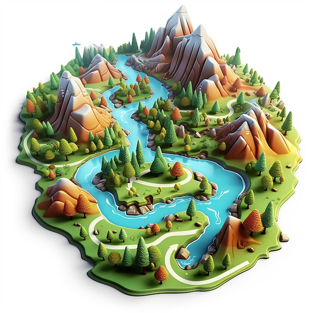 Whimsical 3D Cartoon Hiking Map on White Background