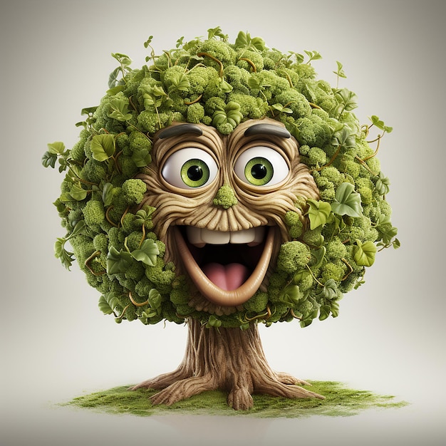 Whimsical 3D Illustration of a Funny Tree with a Face