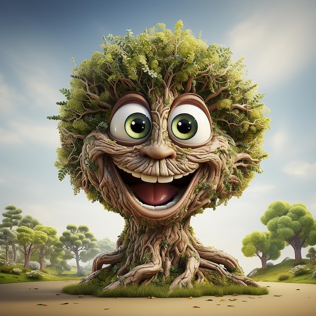 Whimsical 3D Illustration of a Funny Tree with a Face