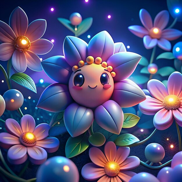 A whimsical 3D illustration of a smiling flower with big eyes amidst a magical blooming garden