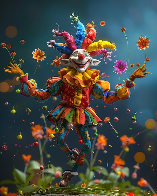 a whimsical 3D jester character juggling colorful joke items like fake flowers