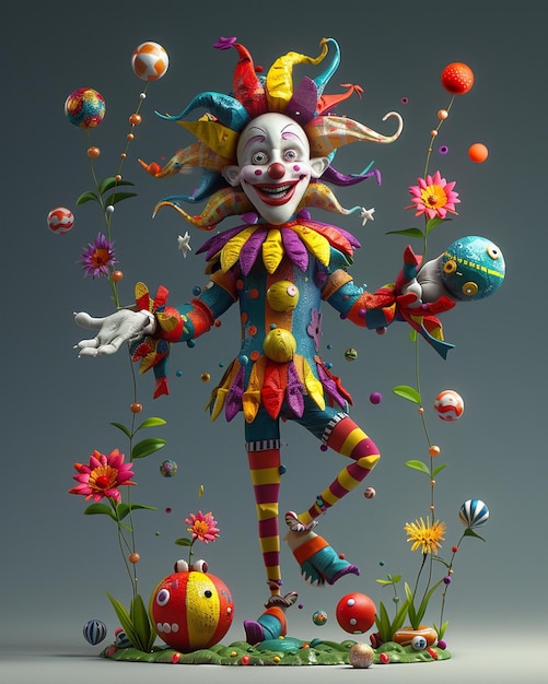 a whimsical 3D jester character juggling colorful joke items like fake flowers