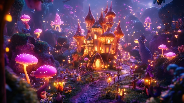 Photo whimsical 3d render of a fairy tale castle surrounded by magical creatures