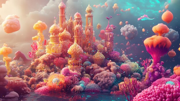 Photo whimsical 3d render of an underwater world glowing sea creatures coral castles playful mermaids vibrant and magical scene chaos 10 ar 169 style raw v 61 job id 854fe6d0dc3c438abb1047c849084b0f