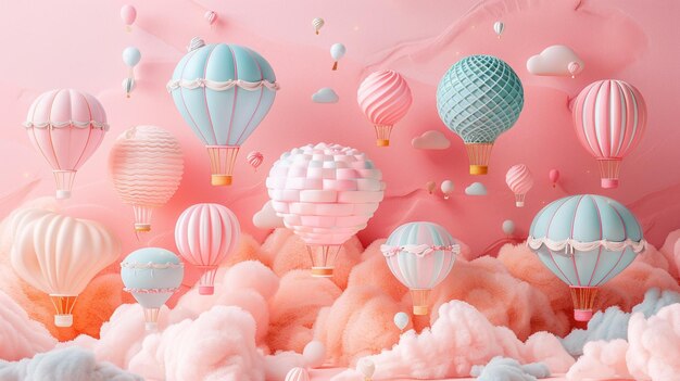 Whimsical 3D scene of a pastel hot air balloon festival with balloons in various shapes and colors