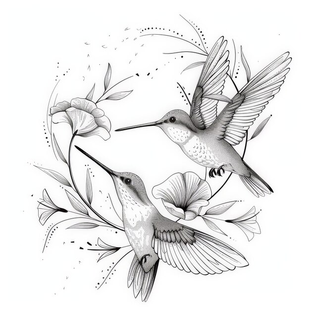 Photo whimsical abstract hummingbird line art with delicate colibri bird icons designed for wall art on a white background