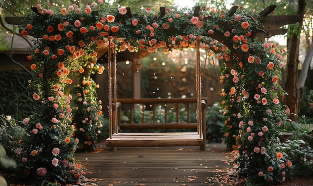 Whimsical Archway with Wooden Swing FlowerCovered