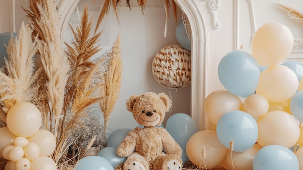 Photo whimsical art installation with teddy bears and balloons in pastel colors