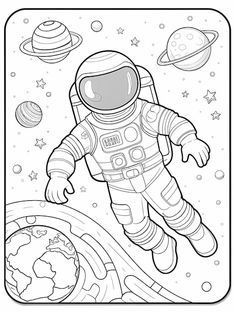 Photo whimsical astronaut floating in space coloring page for kids activity books