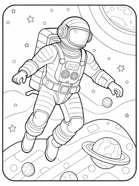 Photo whimsical astronaut floating in space coloring page for kids activity books