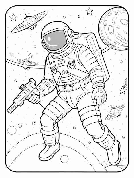 Photo whimsical astronaut floating in space coloring page for kids activity books