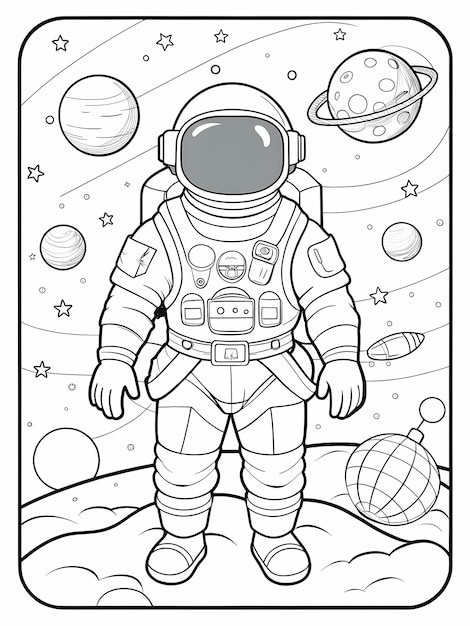 Whimsical Astronaut Floating in Space Coloring Page for Kids Activity Books