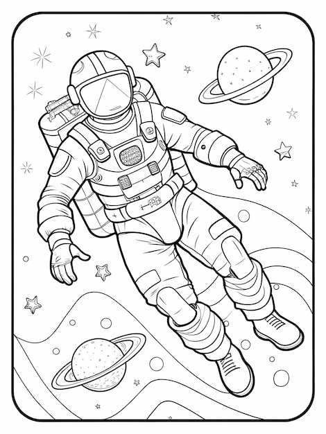 Whimsical Astronaut Floating in Space Coloring Page for Kids Activity Books