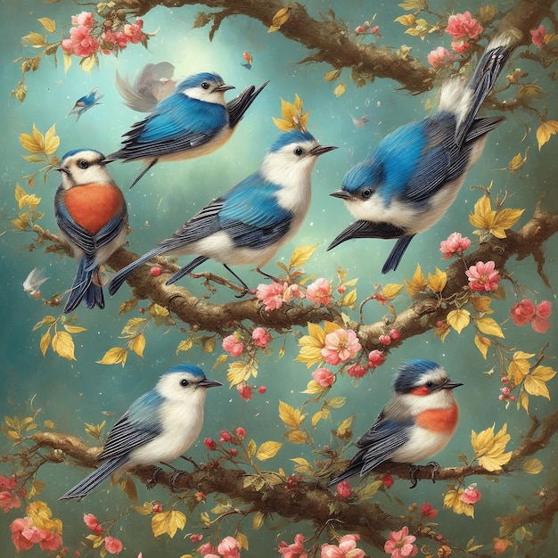 Whimsical Aviary Enchanting Birds in a Tree of Splendor