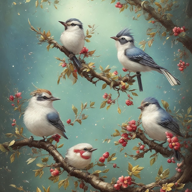 Whimsical Aviary Enchanting Birds in a Tree of Splendor