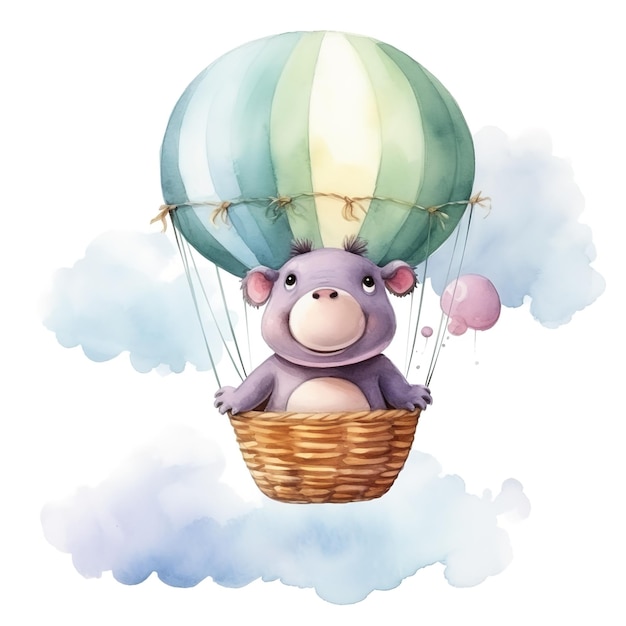 Whimsical Baby Hippo in Hot Air Balloon Watercolor Clipart for Joyous Baby Birthday Celebrations