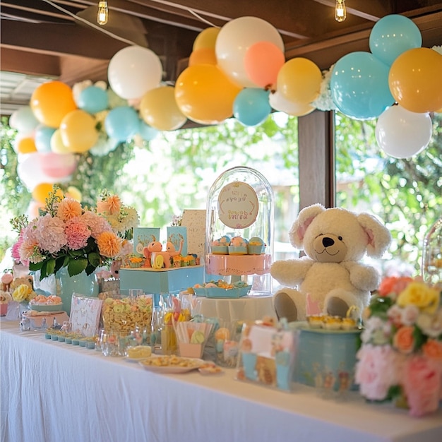 A whimsical baby shower with playful decorations stuffed animals and bright colors