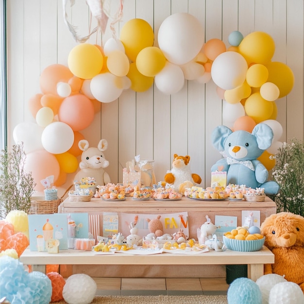 A whimsical baby shower with playful decorations stuffed animals and bright colors