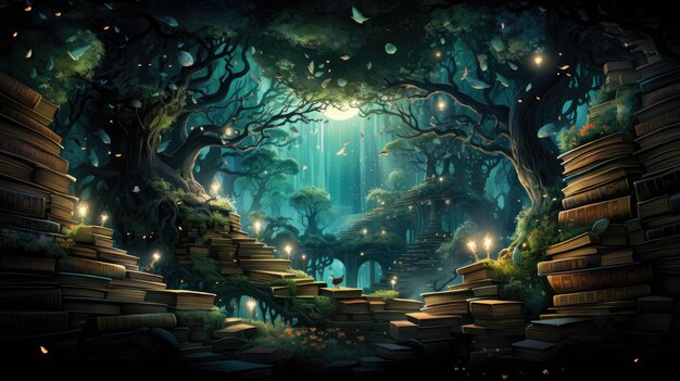 a whimsical background presenting an enchanted forest filled with books as trees