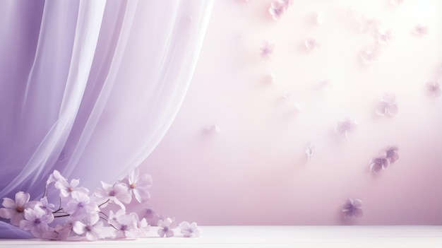 A whimsical background with a light purple wall covered in a delicate floral wallpaper The soft