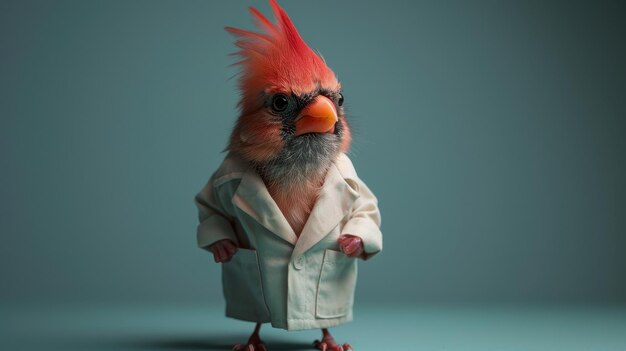 Photo a whimsical bird character dressed in a lab coat bringing a touch of humor and creativity to any creative project