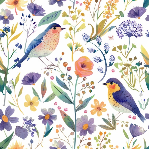 Photo whimsical birds and floral pattern design