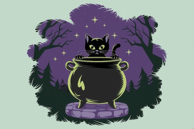 Photo whimsical black cat cauldron pastel green background halloween playful halloween cat illustration