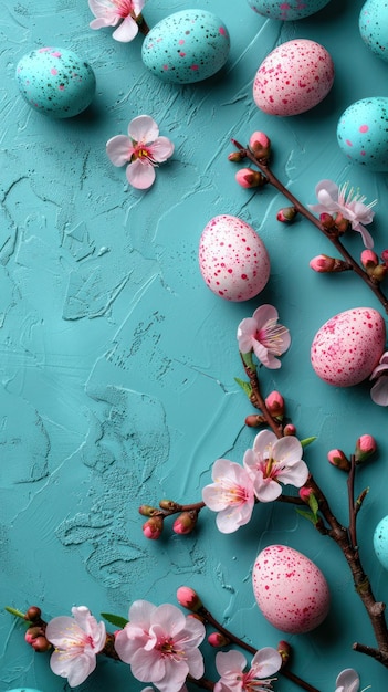 Whimsical Blue Background With Pink Flowers and Eggs