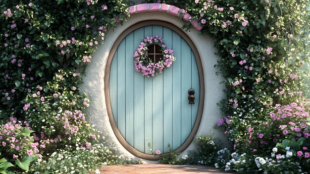 Photo a whimsical blue door with a pink flower wreath set in a stone archway surrounded by lush pink and white flowers