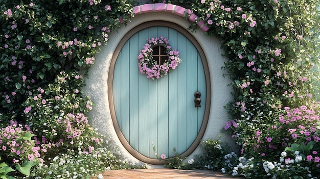 Photo a whimsical blue door with a wreath of pink flowers is framed by lush greenery and blooming flowers