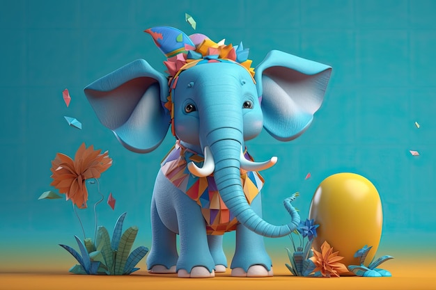 Whimsical blue elephant adorned with a flower crown standing beside a brightly colored Easter egg Generative AI