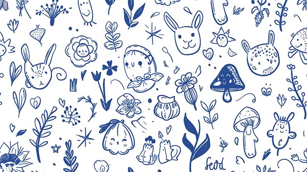 Photo whimsical blue illustrations of animal and nature doodles on white background