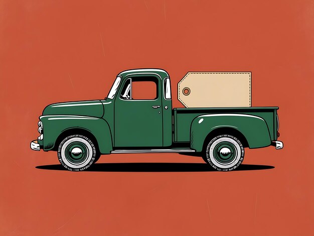 Photo whimsical blue pickup truck with oversized shopping cart illustration in muted colors