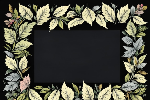 Photo whimsical botanical leaf and floral border framing blank chalkboard or blackboard background