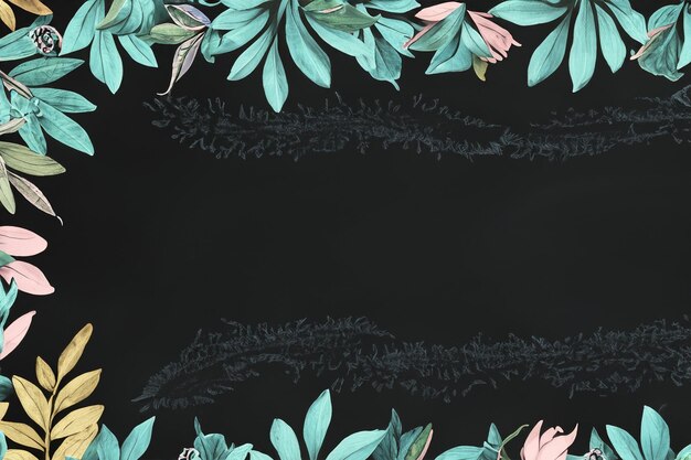 Whimsical Botanical Leaf and Floral Border Framing Blank Chalkboard or Blackboard Background