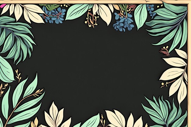 Whimsical Botanical Leaf and Floral Border Framing Blank Chalkboard or Blackboard Background