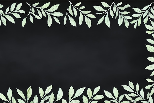 Photo whimsical botanical leaf and floral border framing blank chalkboard or blackboard background