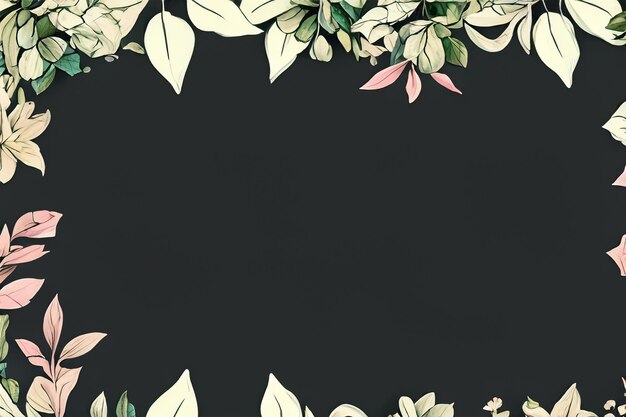 Whimsical Botanical Leaf and Floral Border Framing Blank Chalkboard or Blackboard Background