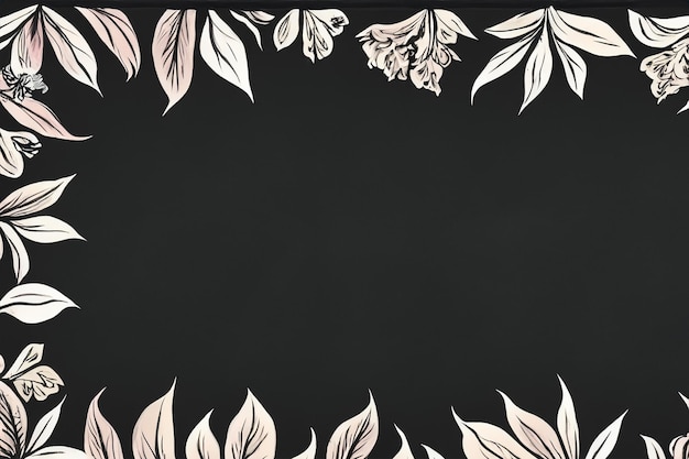 Whimsical Botanical Leaf and Floral Border Framing Blank Chalkboard or Blackboard Background