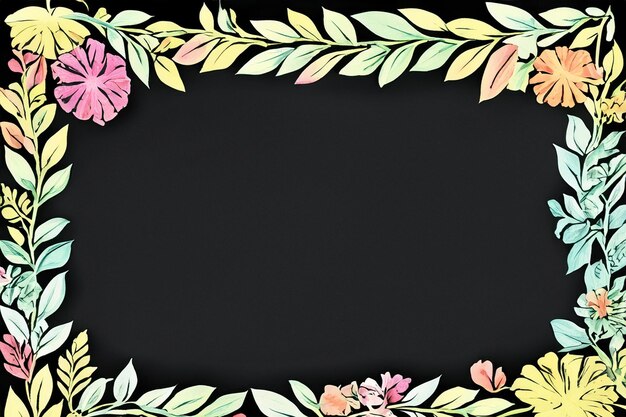 Whimsical Botanical Leaf and Floral Border Framing Blank Chalkboard or Blackboard Background