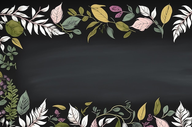 Whimsical Botanical Leaf and Floral Border Framing Blank Chalkboard or Blackboard Background