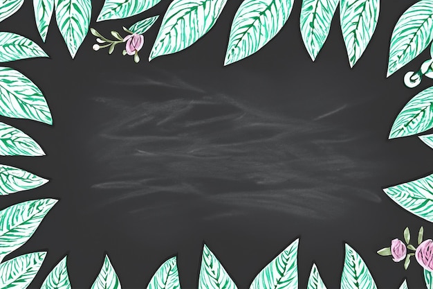 Photo whimsical botanical leaf and floral border framing blank chalkboard or blackboard background