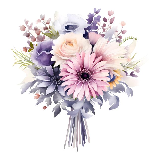 Whimsical bouquet with pink gerberas and purple blooms