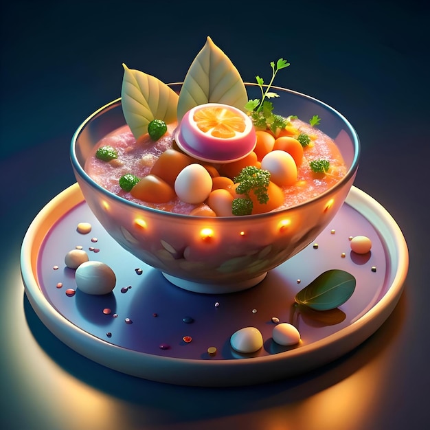 Photo a whimsical bowl of soup with glowing lights featuring colorful ingredients and playful textures