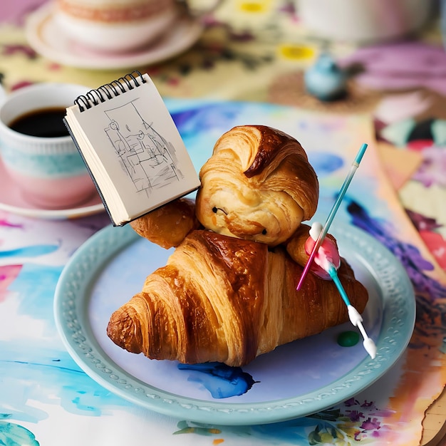 Photo a whimsical breakfast scene with a croissant artist holding a sketchbook and paints