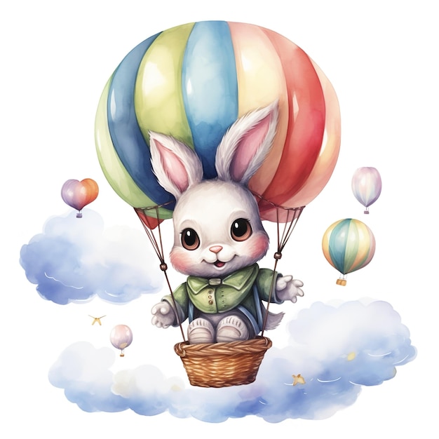 Whimsical Bunny Rabbit in Hot Air Balloon Watercolor Clipart for Joyous Baby Birthday Celebrations