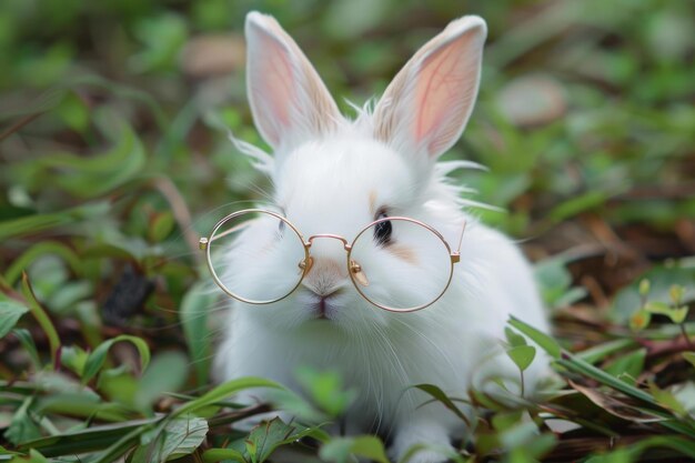 Whimsical bunny with glasses in grass